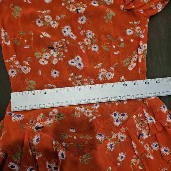 ASOS Crepe Sheer Peplum Ruffle Shoulder Dress Fully Lined Size 0 Red Floral 1518 - Picture 15 of 15